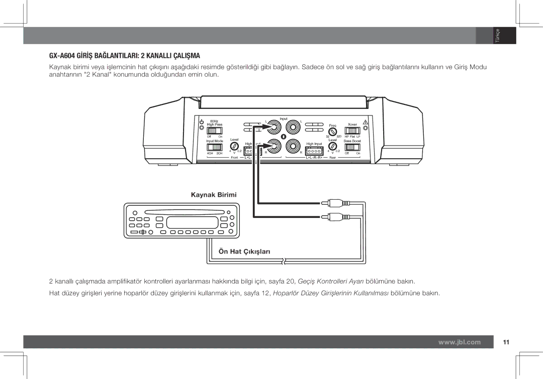 JBL GX-A602, GX-A3001 owner manual GX-A604 Gİrİß Bağlantilari 2 Kanalli Çalißma, Ön Hat Çıkıẟları 