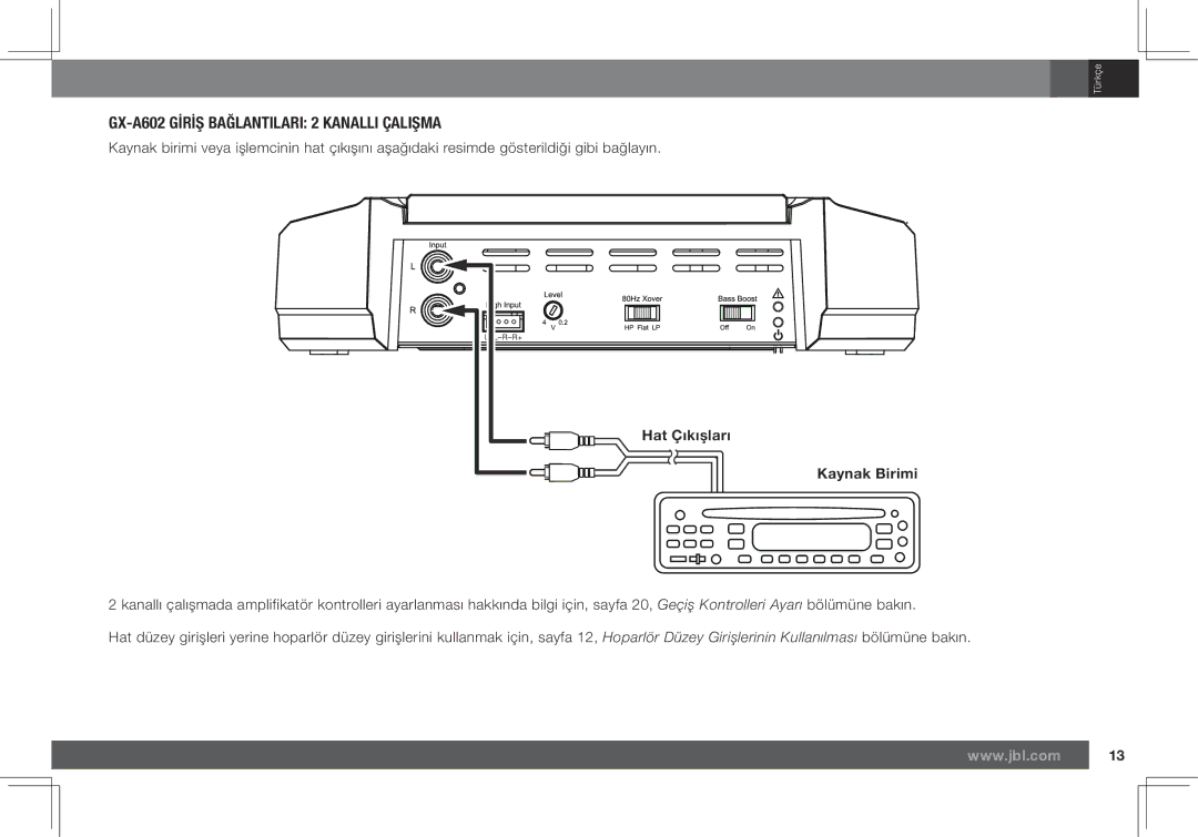 JBL GX-A3001 owner manual GX-A602 Gİrİß Bağlantilari 2 Kanalli Çalißma, Hat Çıkıẟları Kaynak Birimi 