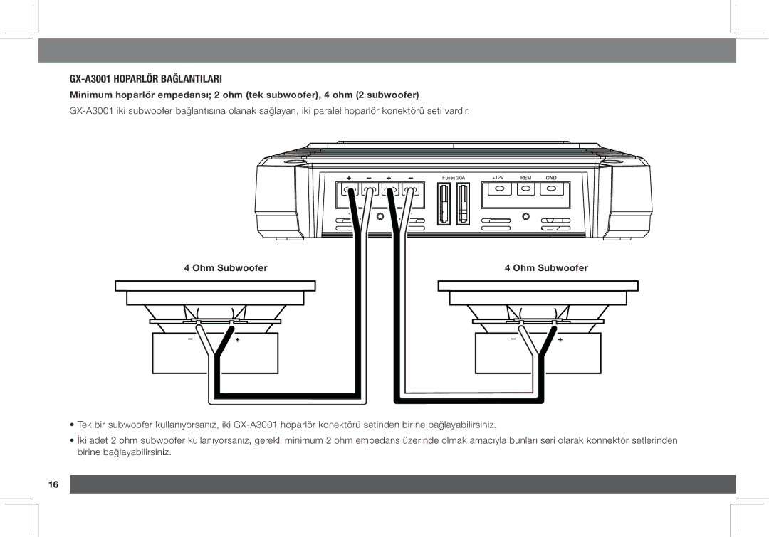 JBL GX-A3001, GX-A602 owner manual Gx-a3001 hoparlör bağlantıları, Ohm Subwoofer 