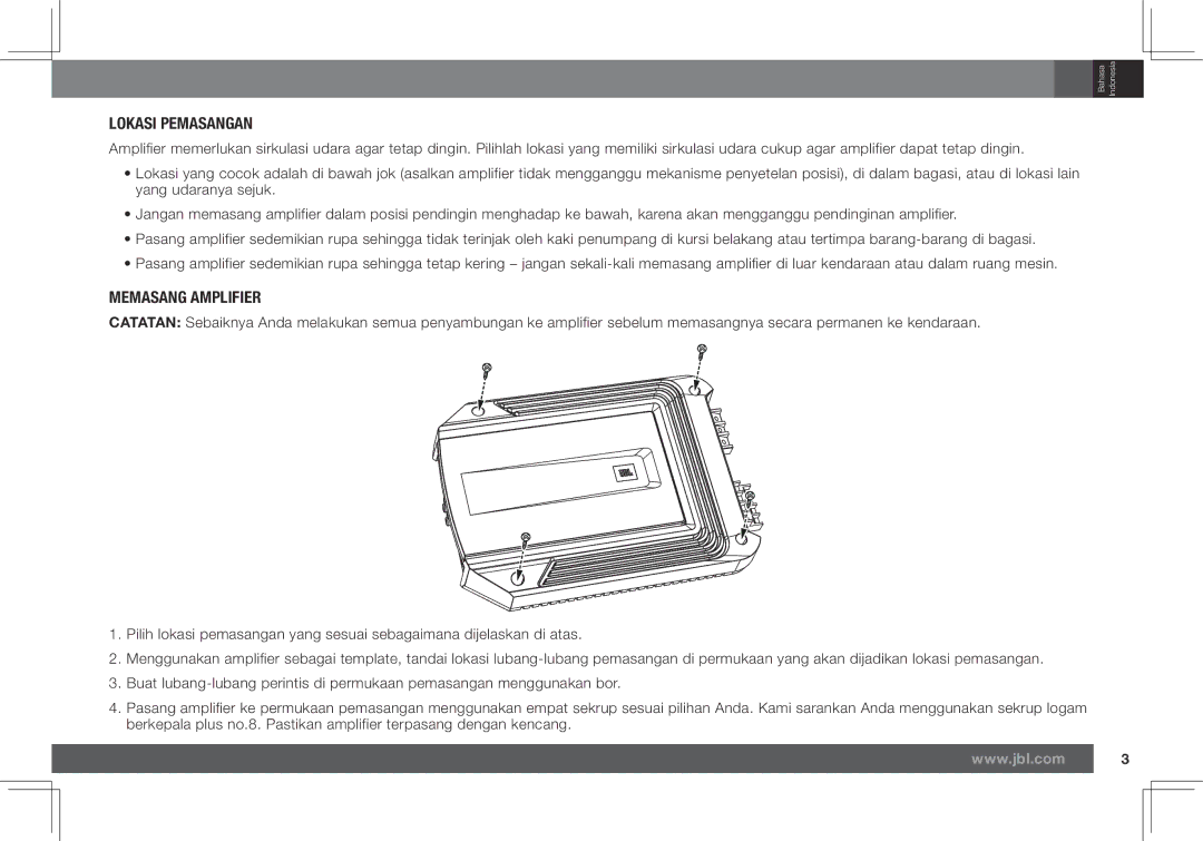 JBL GX-A602, GX-A3001 owner manual Lokasi Pemasangan, Memasang Amplifier 