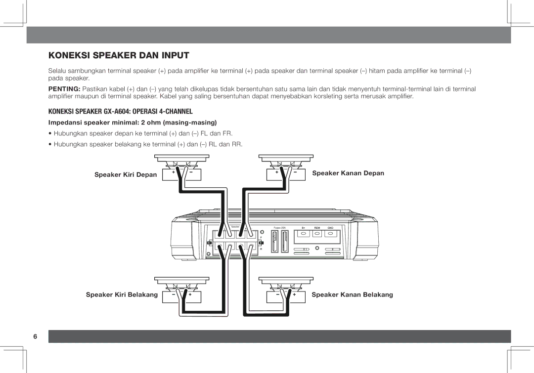 JBL GX-A3001 Koneksi speaker dan input, Koneksi speaker GX-A604 Operasi 4-Channel, Speaker Kiri Depan Speaker Kanan Depan 