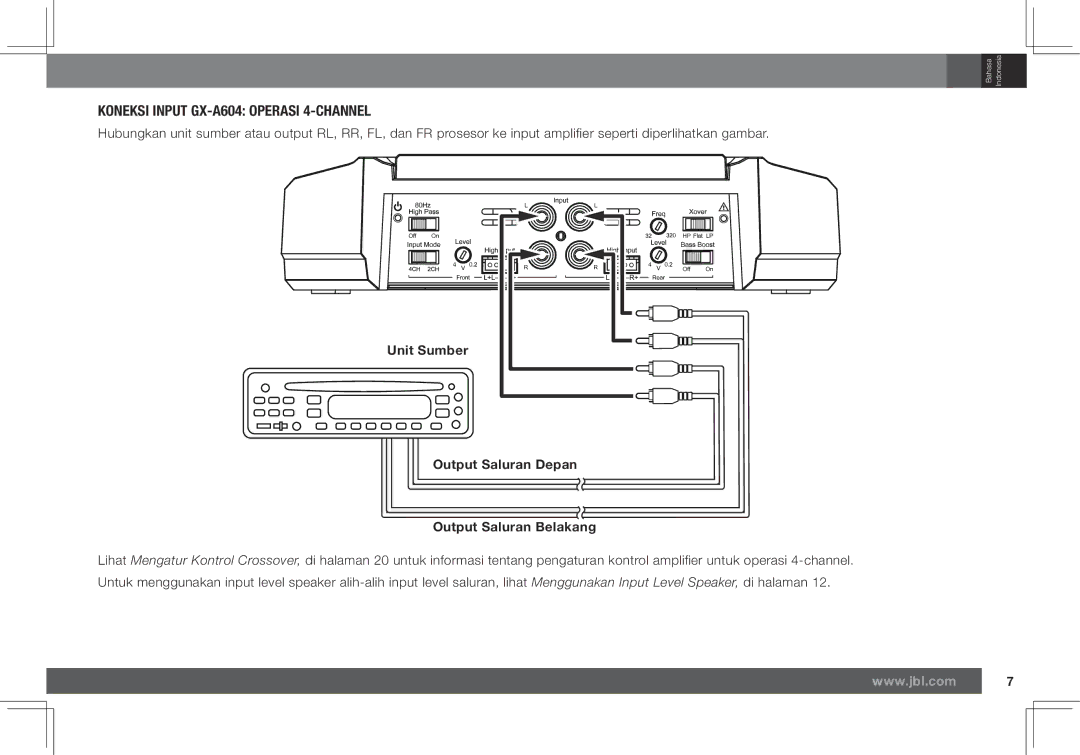 JBL GX-A602, GX-A3001 owner manual Koneksi Input GX-A604 Operasi 4-CHANNEL, Output Saluran Depan Output Saluran Belakang 