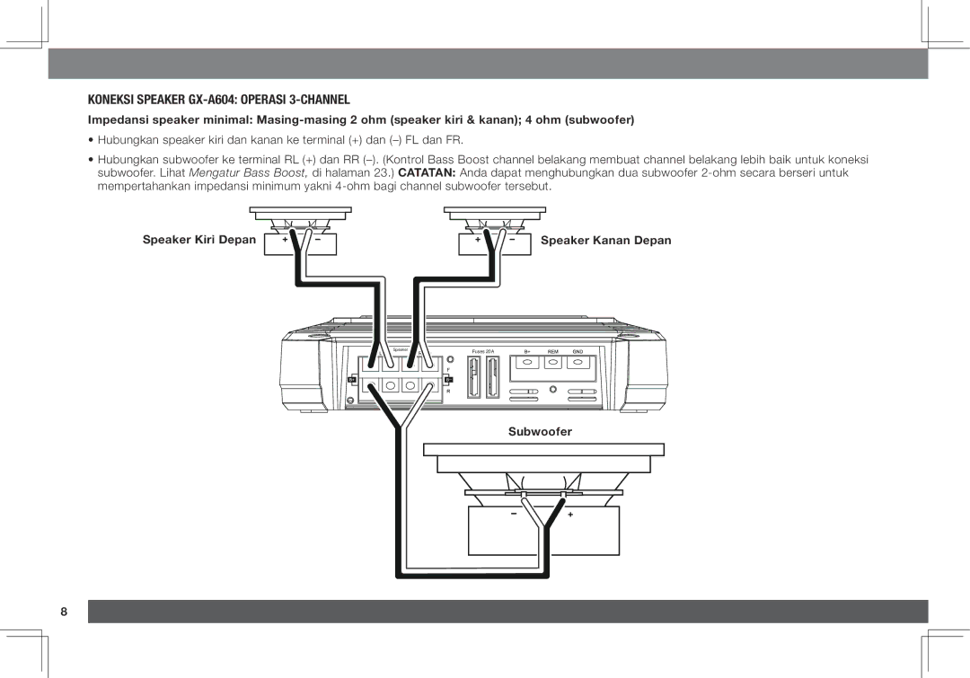 JBL GX-A3001, GX-A602 owner manual Koneksi Speaker GX-A604 Operasi 3-CHANNEL, Subwoofer 