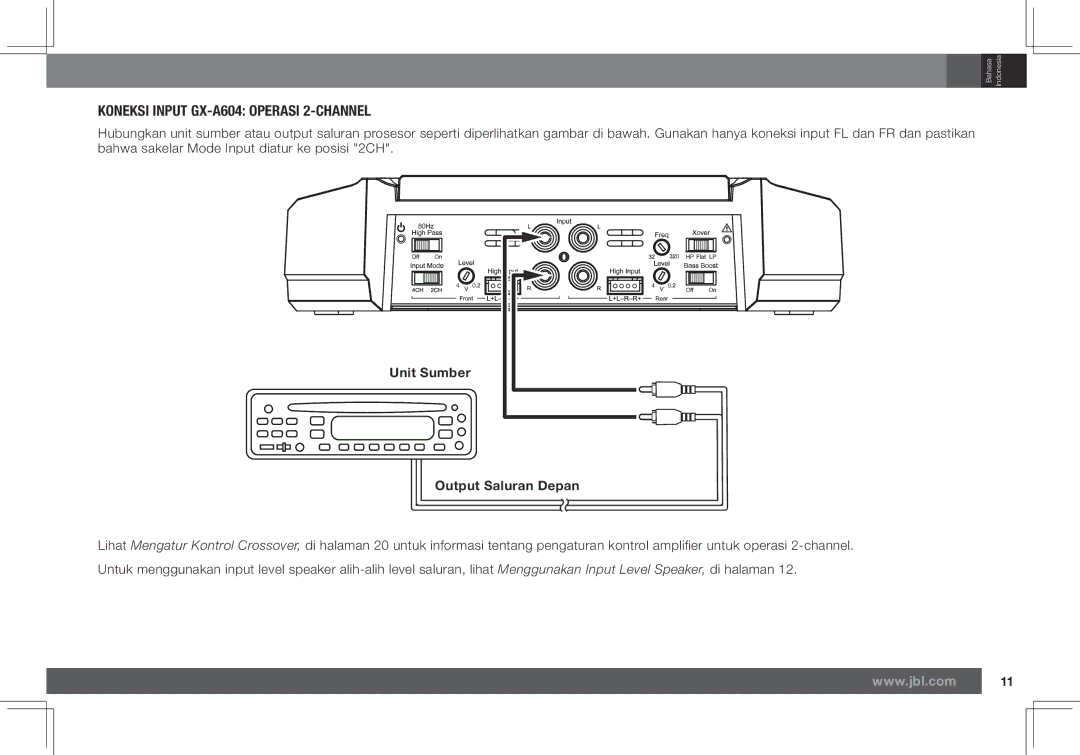 JBL GX-A602, GX-A3001 owner manual Koneksi Input GX-A604 Operasi 2-CHANNEL, Output Saluran Depan 