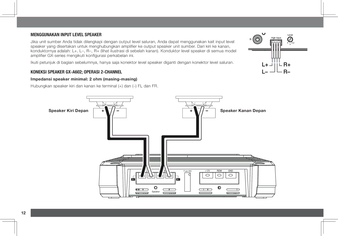 JBL GX-A3001 owner manual Menggunakan input level speaker, Koneksi speaker GX-A602 operasi 2-channel 