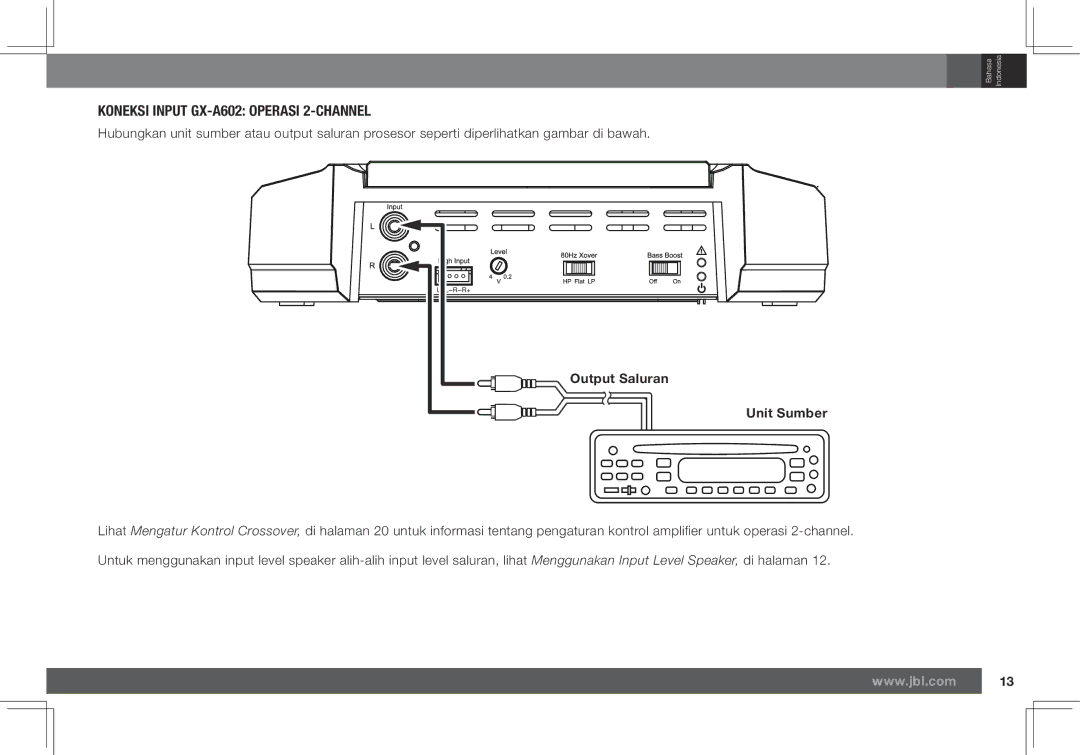 JBL GX-A3001 owner manual Koneksi Input GX-A602 Operasi 2-CHANNEL, Output Saluran Unit Sumber 