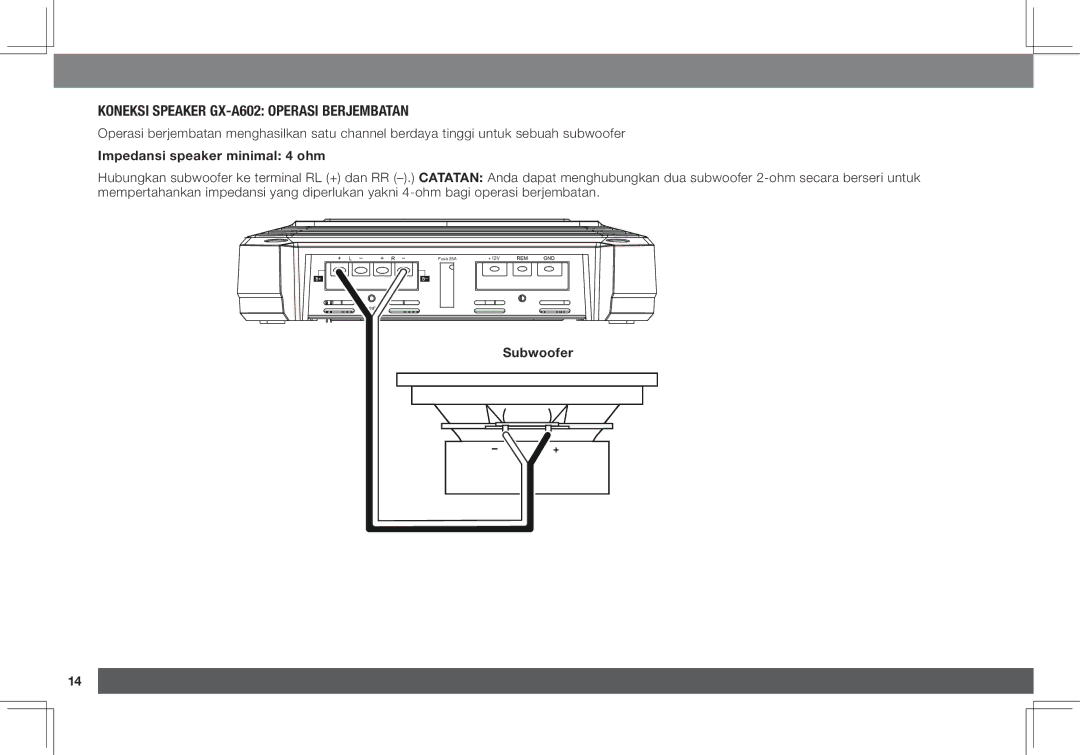 JBL GX-A3001 owner manual Koneksi speaker GX-A602 operasi berjembatan, Impedansi speaker minimal 4 ohm 