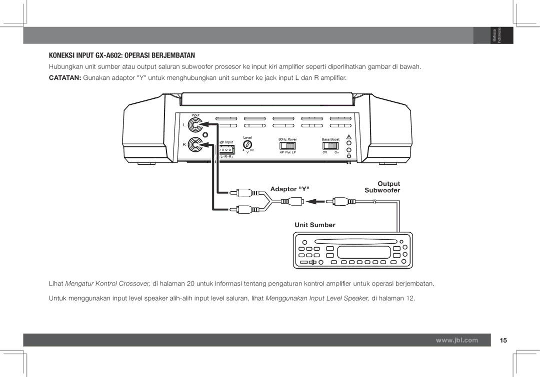 JBL GX-A3001 owner manual Koneksi Input GX-A602 Operasi Berjembatan, Adaptor Y Output 