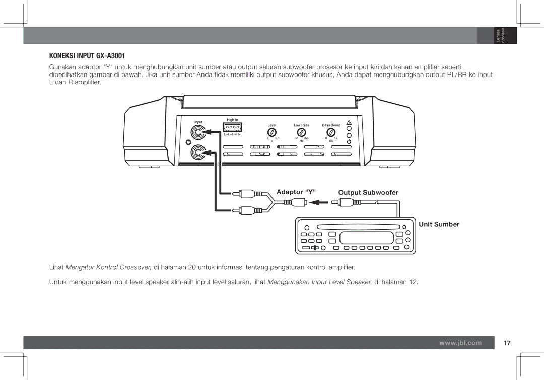 JBL GX-A602 owner manual Koneksi Input GX-A3001, Adaptor Y 