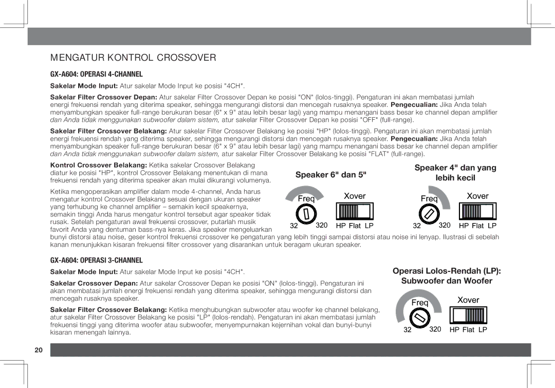 JBL GX-A3001, GX-A602 owner manual Mengatur kontrol crossover, GX-A604 Operasi 4-Channel, GX-A604 Operasi 3-Channel 