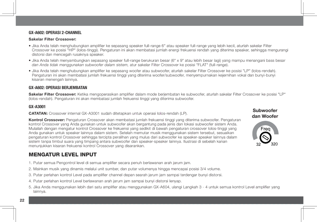 JBL GX-A3001 Mengatur Level input, GX-A602 Operasi 2-Channel, GX-A602 Operasi Berjembatan, Sakelar Filter Crossover 