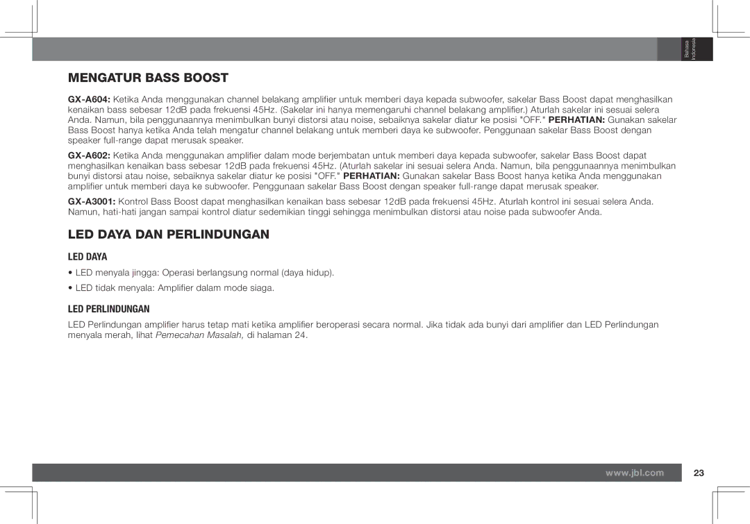 JBL GX-A602, GX-A3001 owner manual Mengatur Bass Boost, LED Daya DAN Perlindungan, LED Perlindungan 