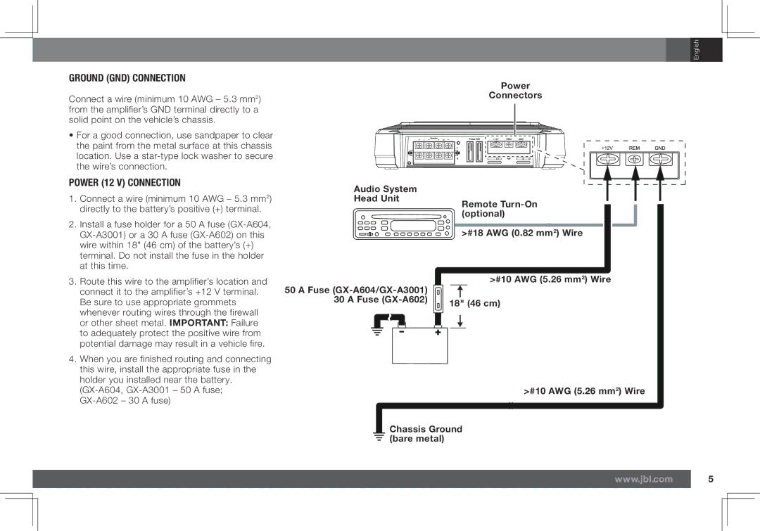 JBL GX-A602, GX-A3001 Power 12 V Connection, Power Connectors, Audio System Head Unit, Chassis Ground Bare metal 