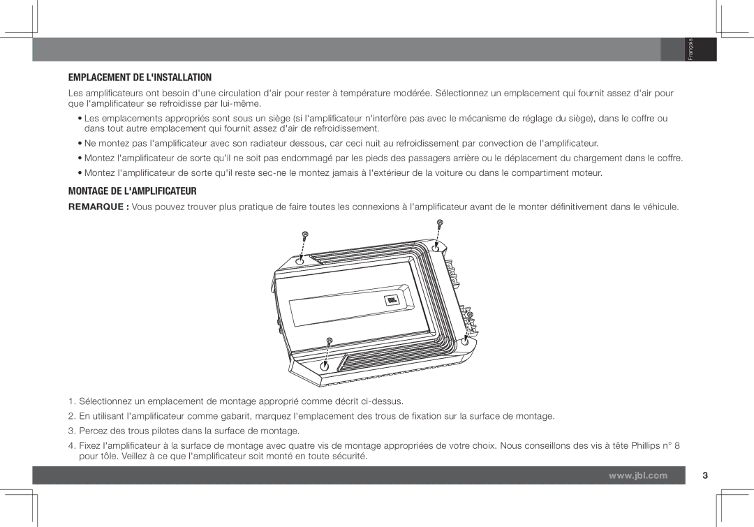 JBL GX-A602, GX-A3001 owner manual Emplacement DE Linstallation, Montage DE Lamplificateur 