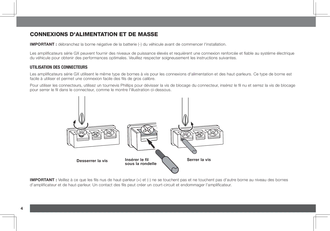 JBL GX-A3001, GX-A602 Connexions dalimentation et de masse, Utilisation des connecteurs, Desserrer la vis Insérer le fil 