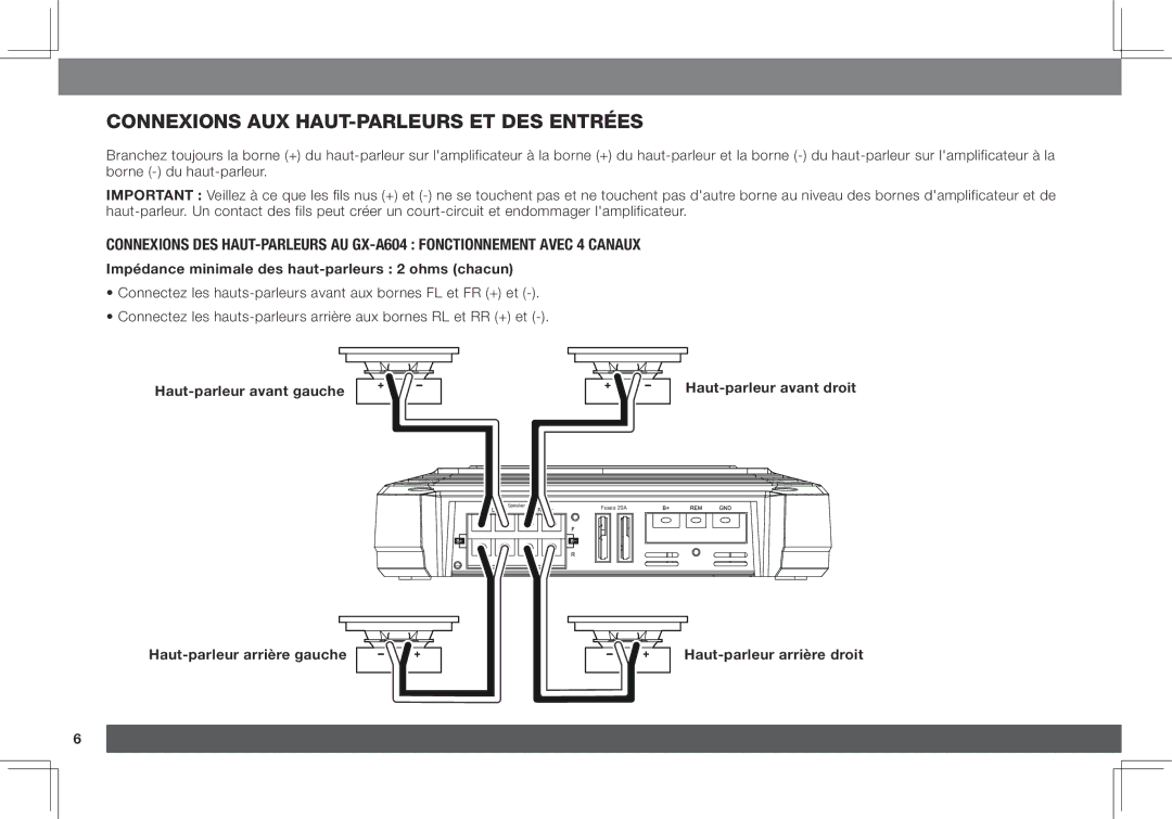 JBL GX-A3001, GX-A602 Connexions aux haut-parleurs et des entrées, Impédance minimale des haut-parleurs 2 ohms chacun 