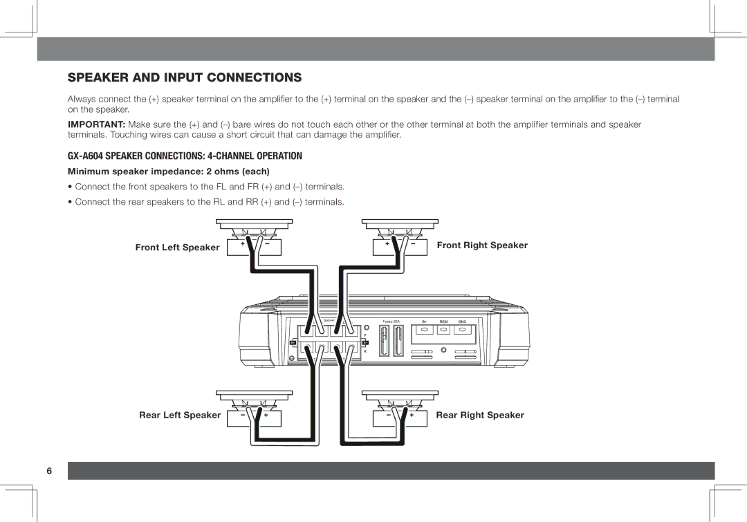 JBL GX-A3001, GX-A602 owner manual Speaker and input connections, GX-A604 speaker connections 4-Channel operation 