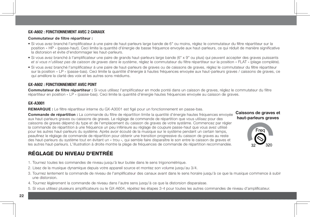 JBL GX-A3001 owner manual Réglage du niveau dentrée, GX-A602 fonctionnement avec 2 canaux, GX-A602 fonctionnement avec pont 