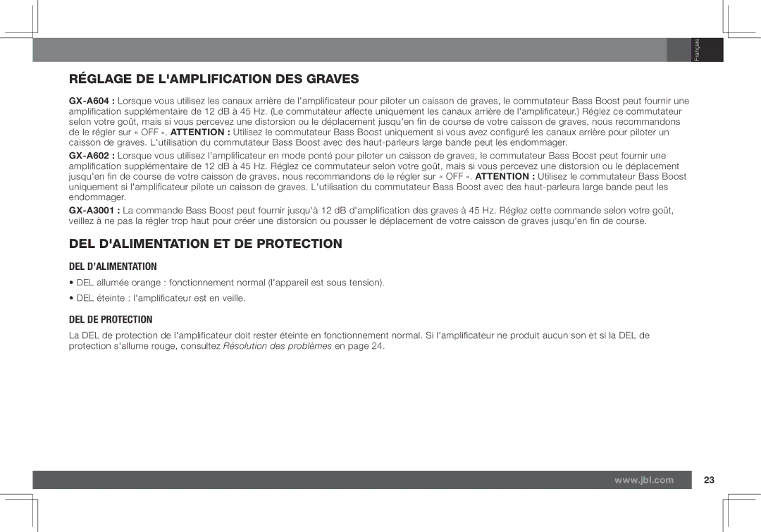 JBL GX-A602, GX-A3001 Réglage DE Lamplification DES Graves, DEL Dalimentation ET DE Protection, Del D’Alimentation 