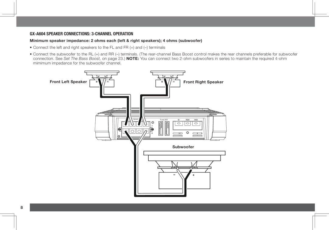 JBL GX-A3001, GX-A602 owner manual GX-A604 Speaker Connections 3-CHANNEL Operation, Subwoofer 