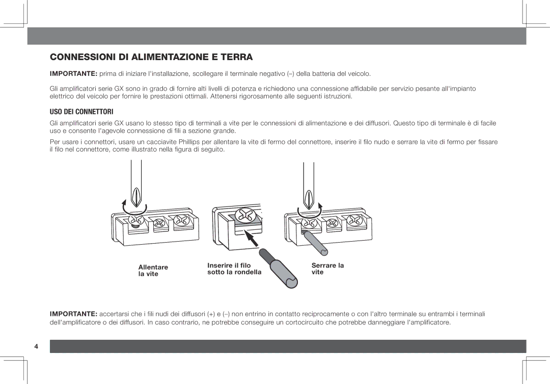 JBL GX-A3001, GX-A602 owner manual Connessioni di alimentazione e terra, Uso dei connettori, Allentare Inserire il filo 