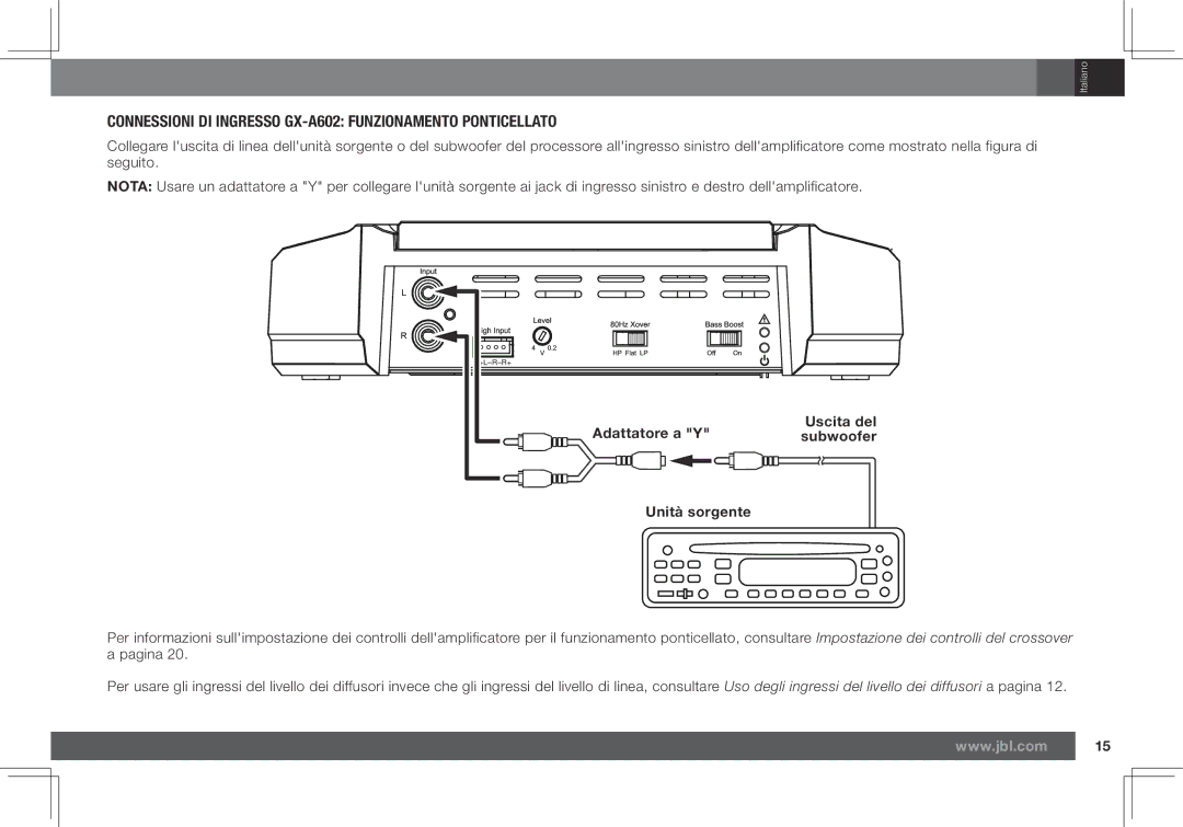 JBL GX-A3001 owner manual Connessioni DI Ingresso GX-A602 Funzionamento Ponticellato, Adattatore a Y Uscita del 