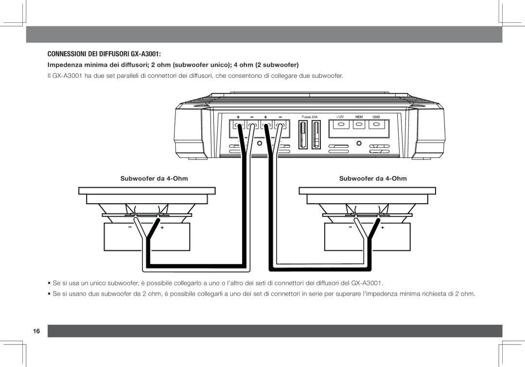 JBL GX-A3001, GX-A602 owner manual Connessioni dei diffusori gx-a3001, Subwoofer da 4-Ohm 