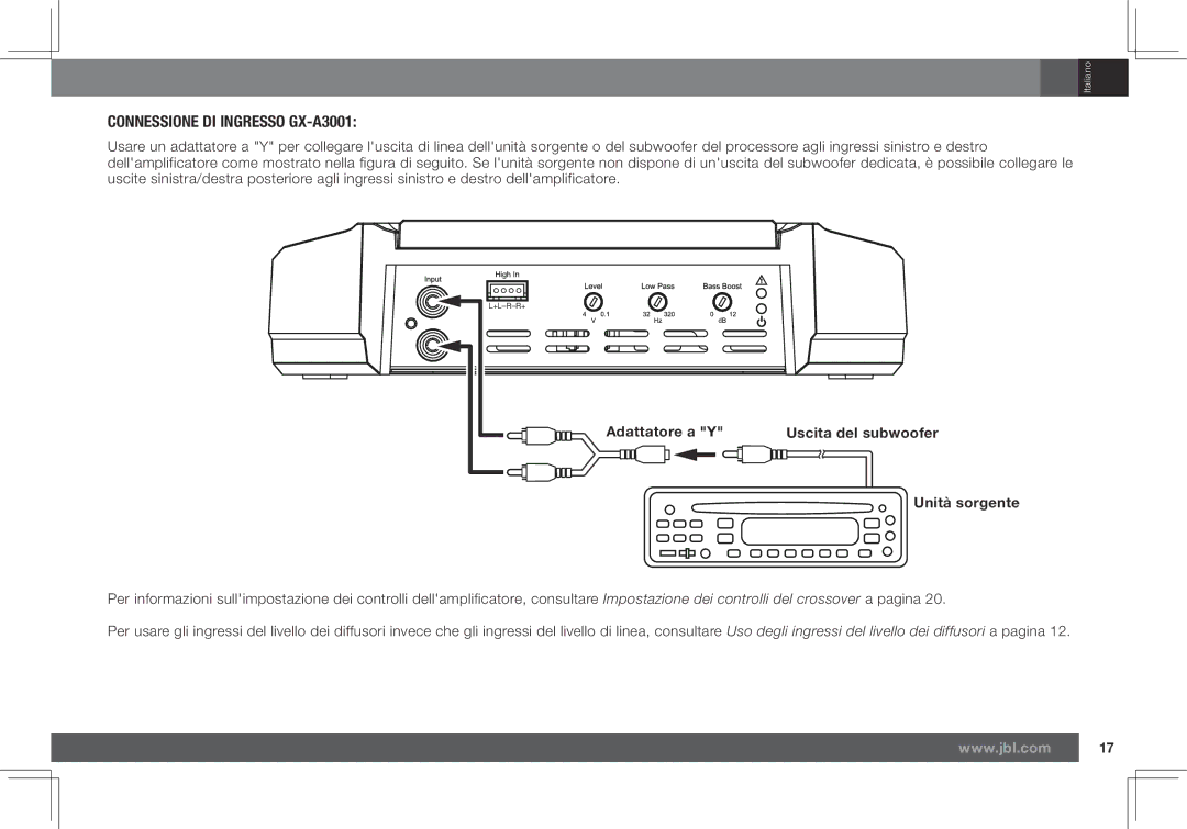 JBL GX-A602 owner manual Connessione DI Ingresso GX-A3001, Adattatore a Y 