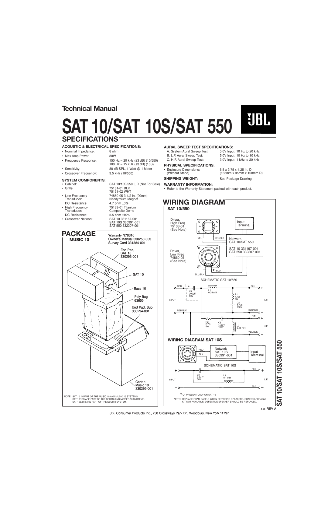 JBL H8192 technical manual Technical Manual, Specifications, SAT 10/SAT 10S/SAT, Package, Wiring Diagram, Music 