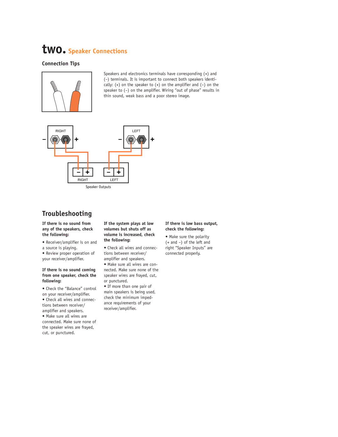 JBL HP6B setup guide Troubleshooting, Two. Speaker Connections 