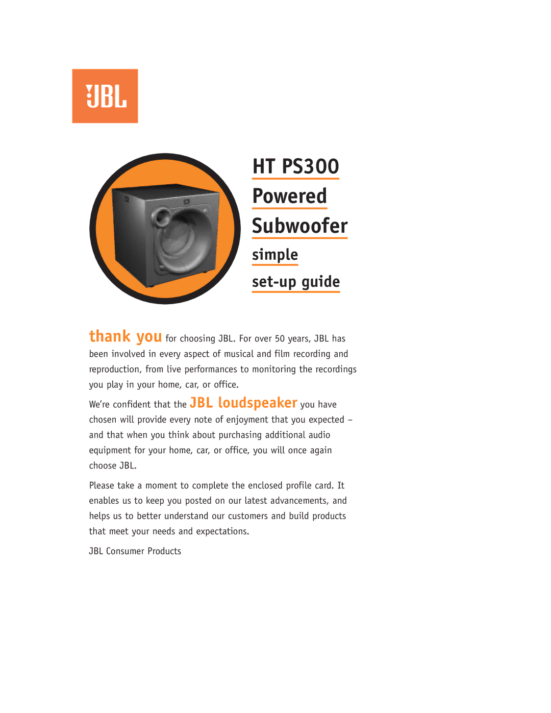 JBL setup guide HT PS300 Powered Subwoofer 