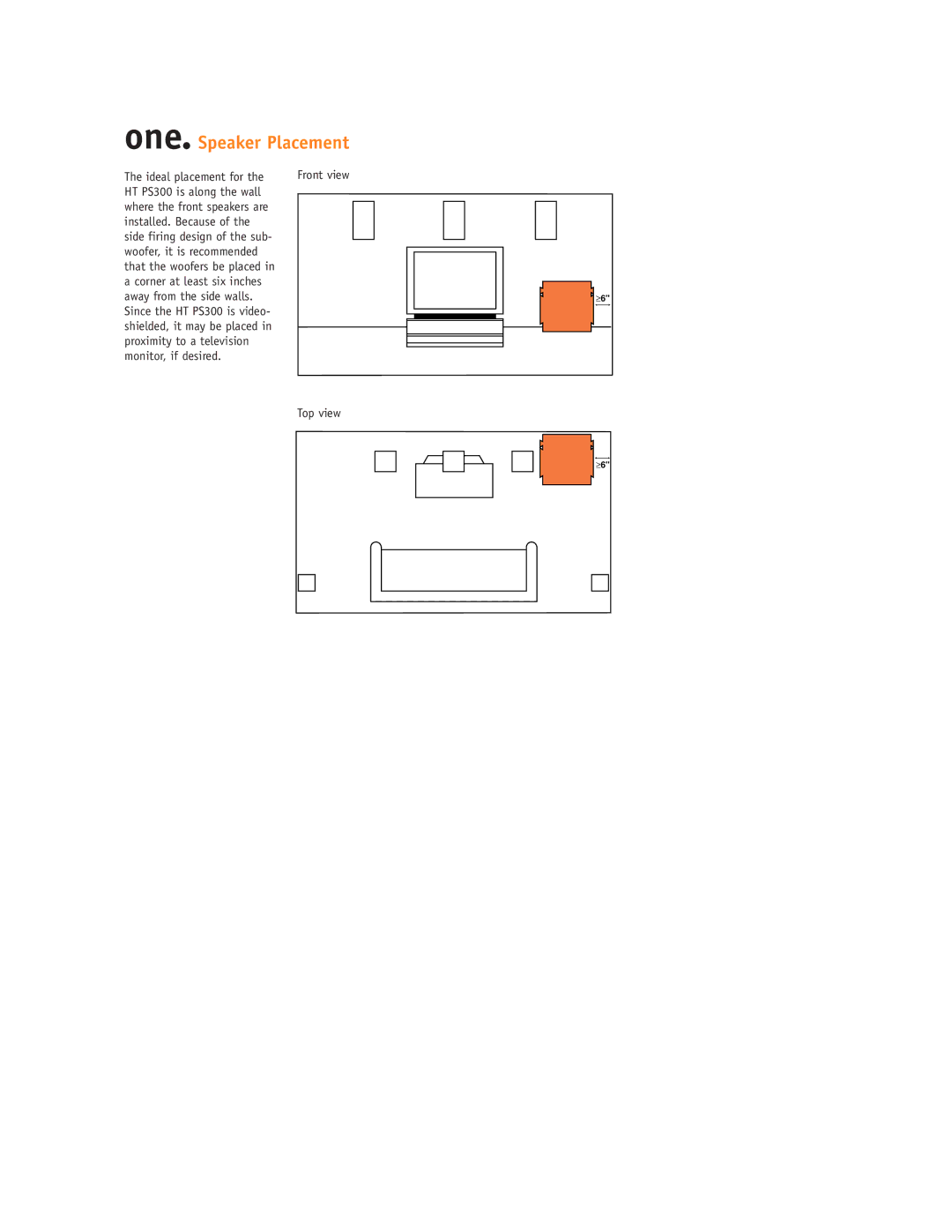 JBL HT PS300 setup guide One. Speaker Placement, Ideal placement for 