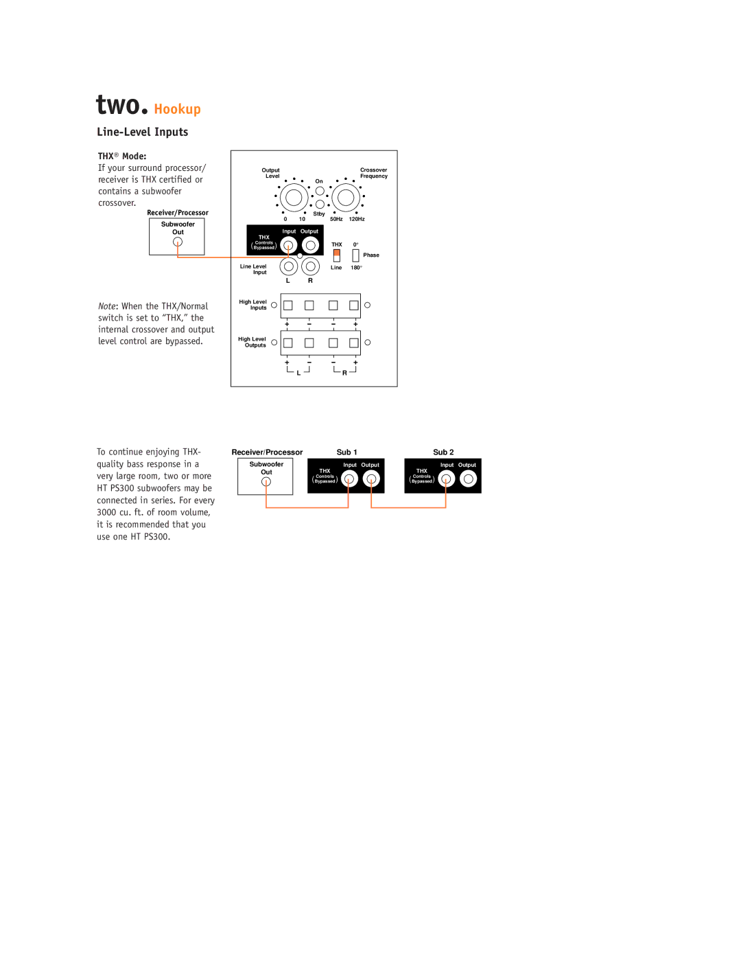 JBL HT PS300 setup guide THX Mode If your surround processor, Receiver is THX certified or, Contains a subwoofer Crossover 