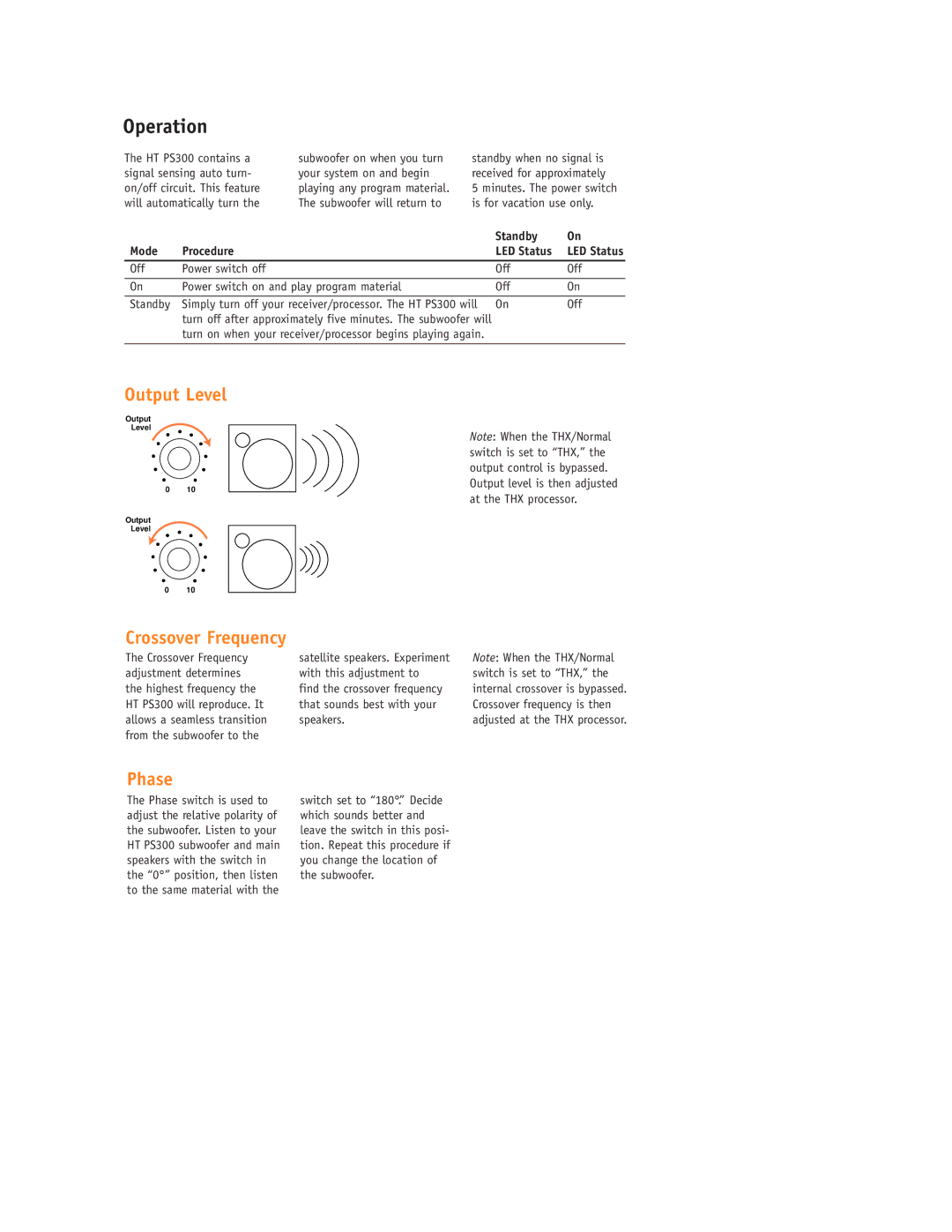 JBL HT PS300 setup guide Operation, Output Level, Phase, Standby Mode Procedure LED Status, Off 