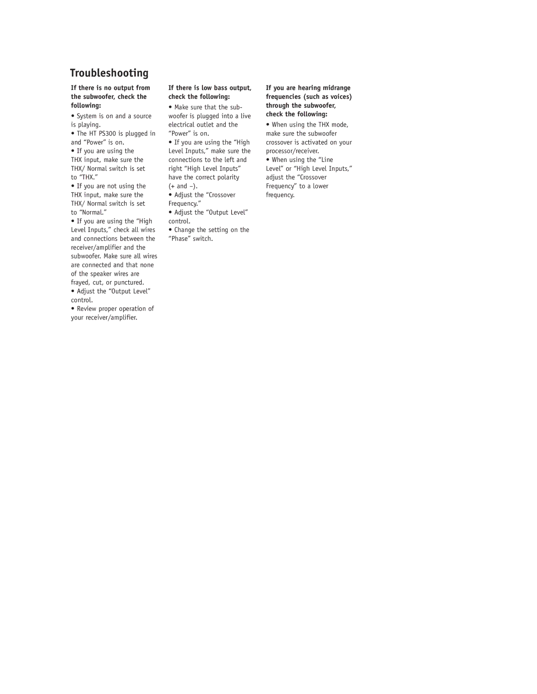 JBL HT PS300 setup guide Troubleshooting, Adjust the Output Level control 