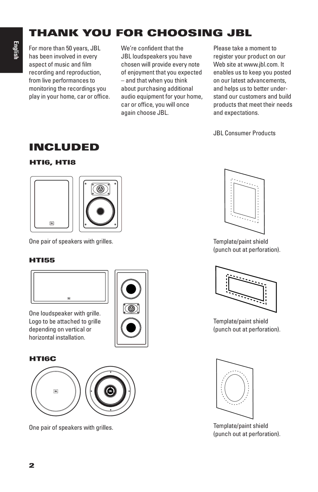 JBL HT155, HT16C, HT18 manual Thank YOU for Choosing JBL, Included, HTI6, HTI8, HTI55, HTI6C 