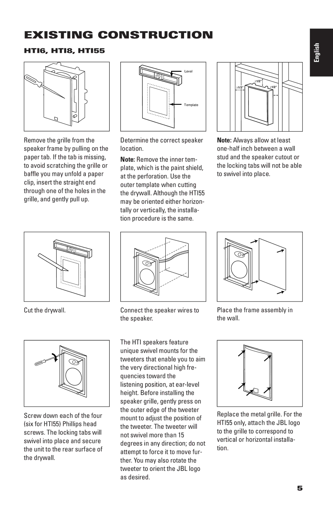 JBL HT18, HT16C, HT155 manual Existing Construction, HTI6, HTI8, HTI55, Cut the drywall 