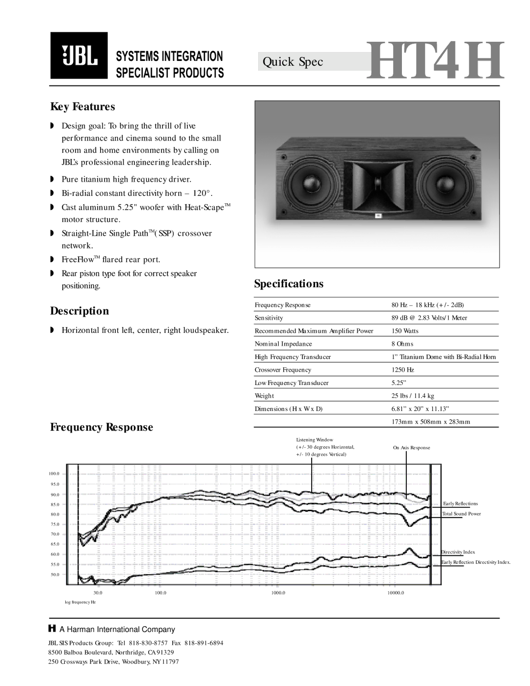 JBL specifications Quick Spec HT4H, Key Features, Description, Frequency Response, Specifications 