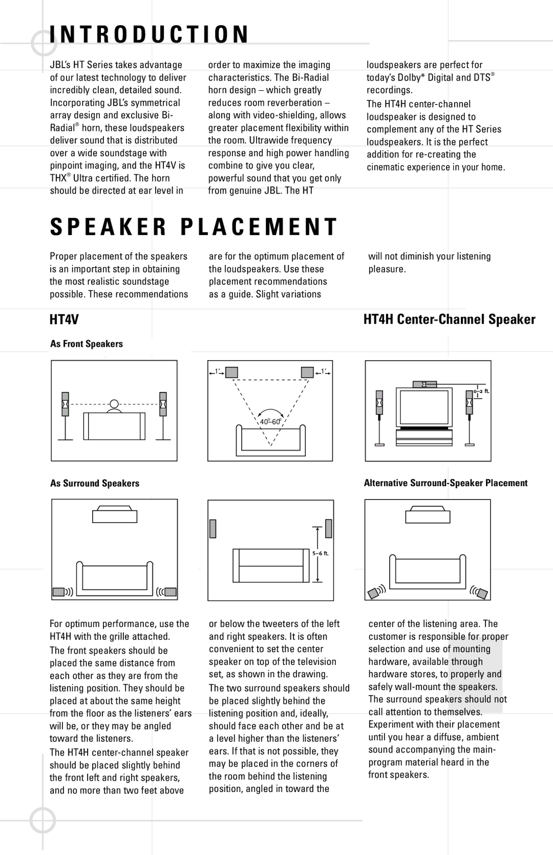 JBL HT4V, HT4HN manual T R O D U C T I O N, E a K E R P L a C E M E N T, As Front Speakers As Surround Speakers 