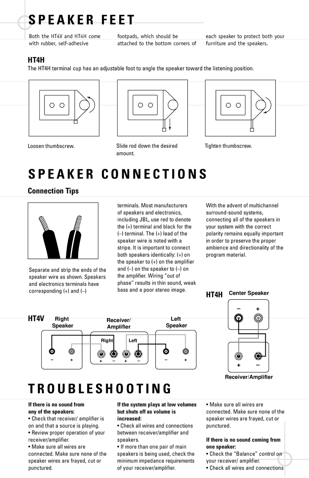 JBL HT4HN, HT4V manual E a K E R F E E T, E a K E R C O N N E C T I O N S, Troubleshooting 