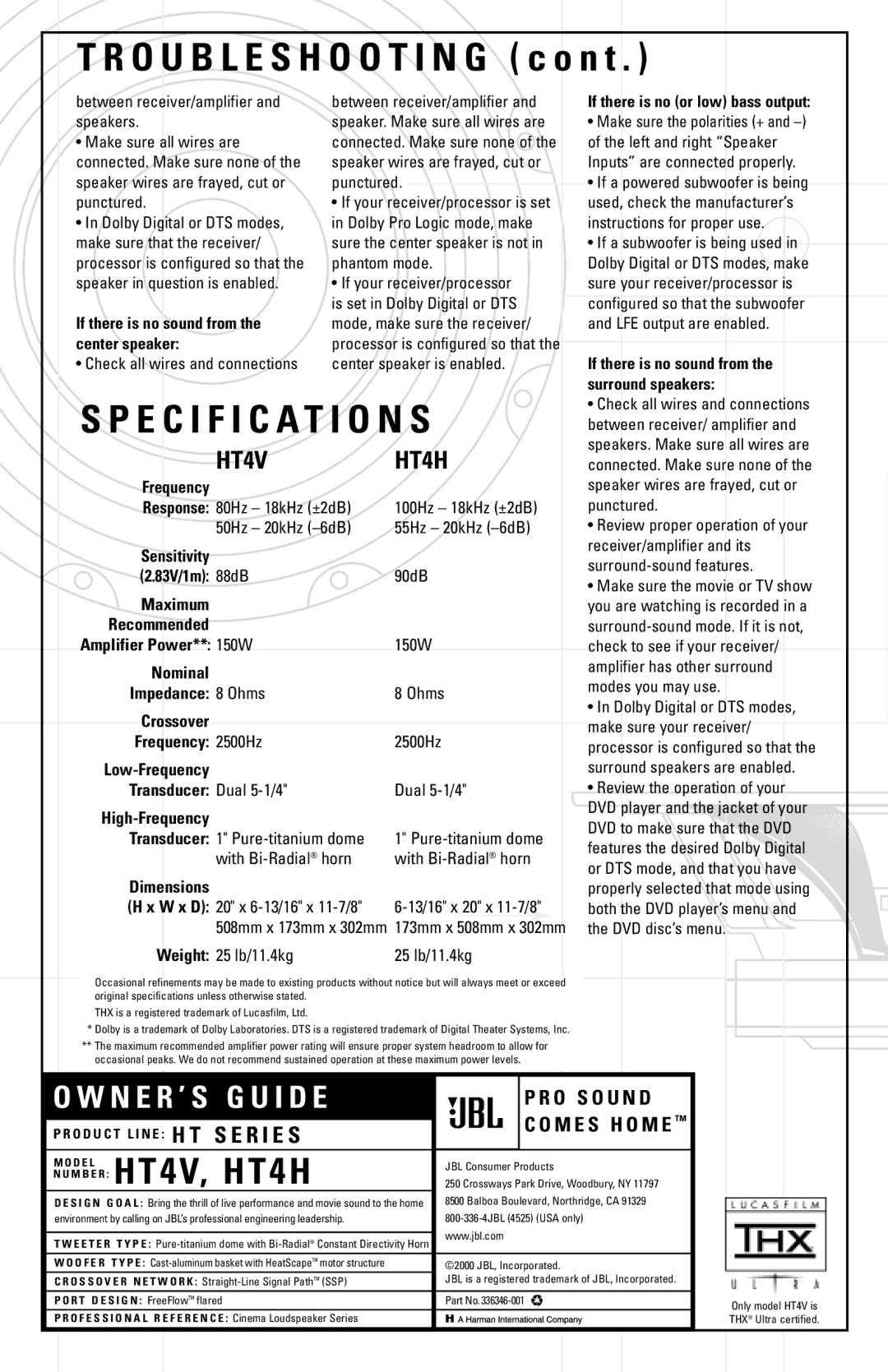 JBL HT4V, HT4HN manual Specification S 