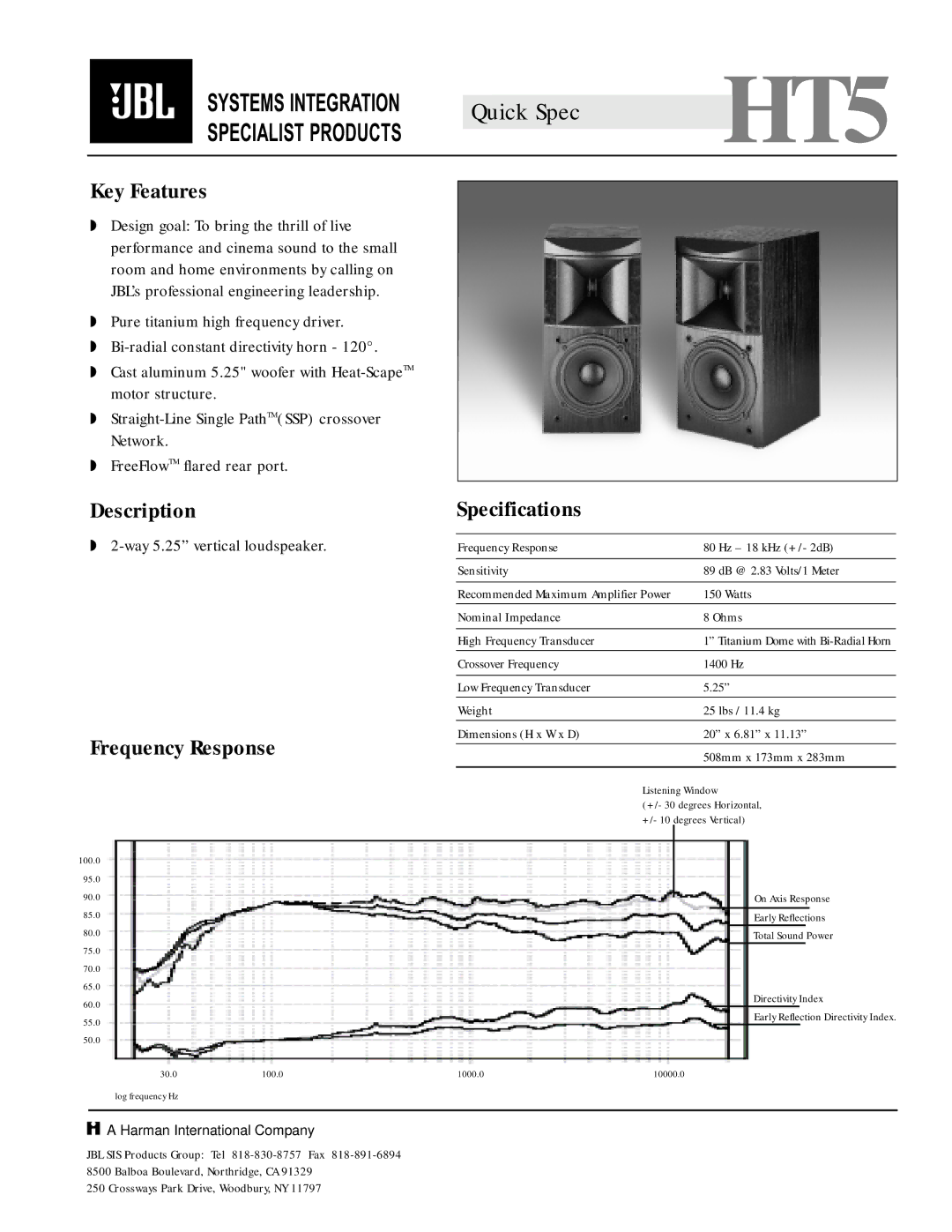 JBL HT5 specifications Quick Spec 