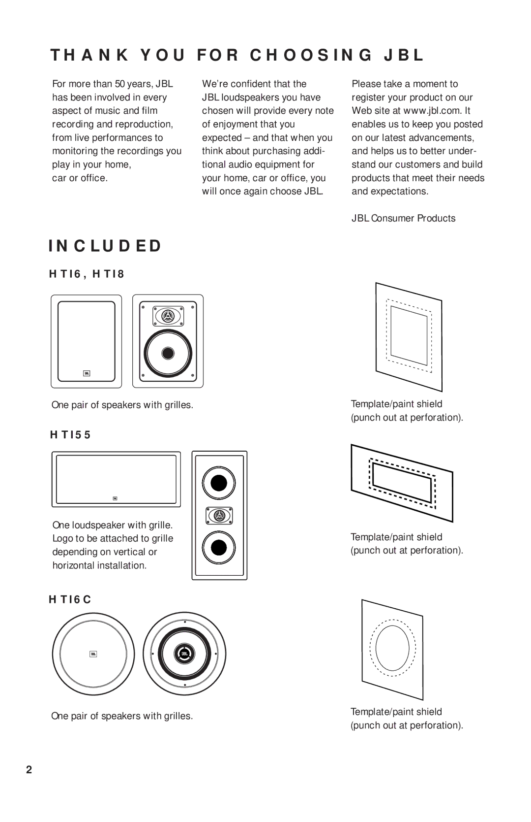 JBL HTI55 manual Thank YOU for Choosing JBL, Included, HTI6, HTI8, HTI6C 