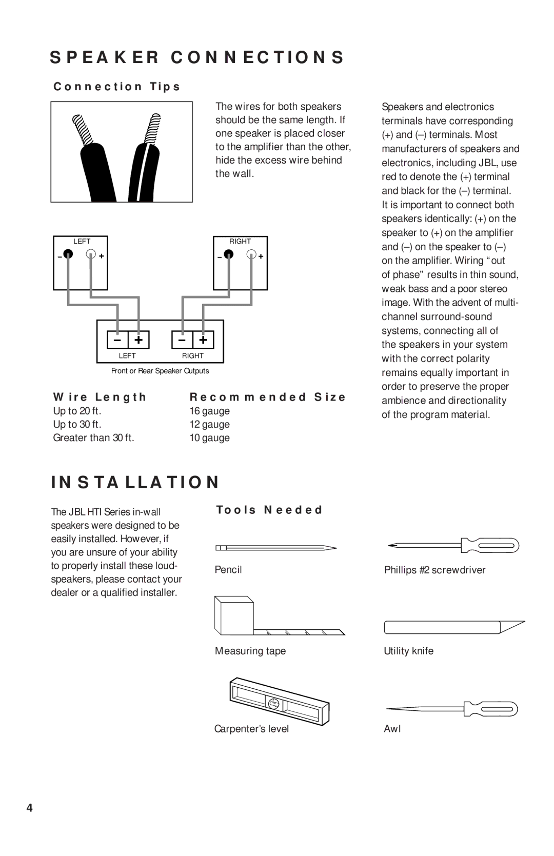 JBL HTI55 manual Speaker Connections, Installation, Connection Tips, Wire Length Recommended Size, Tools Needed 