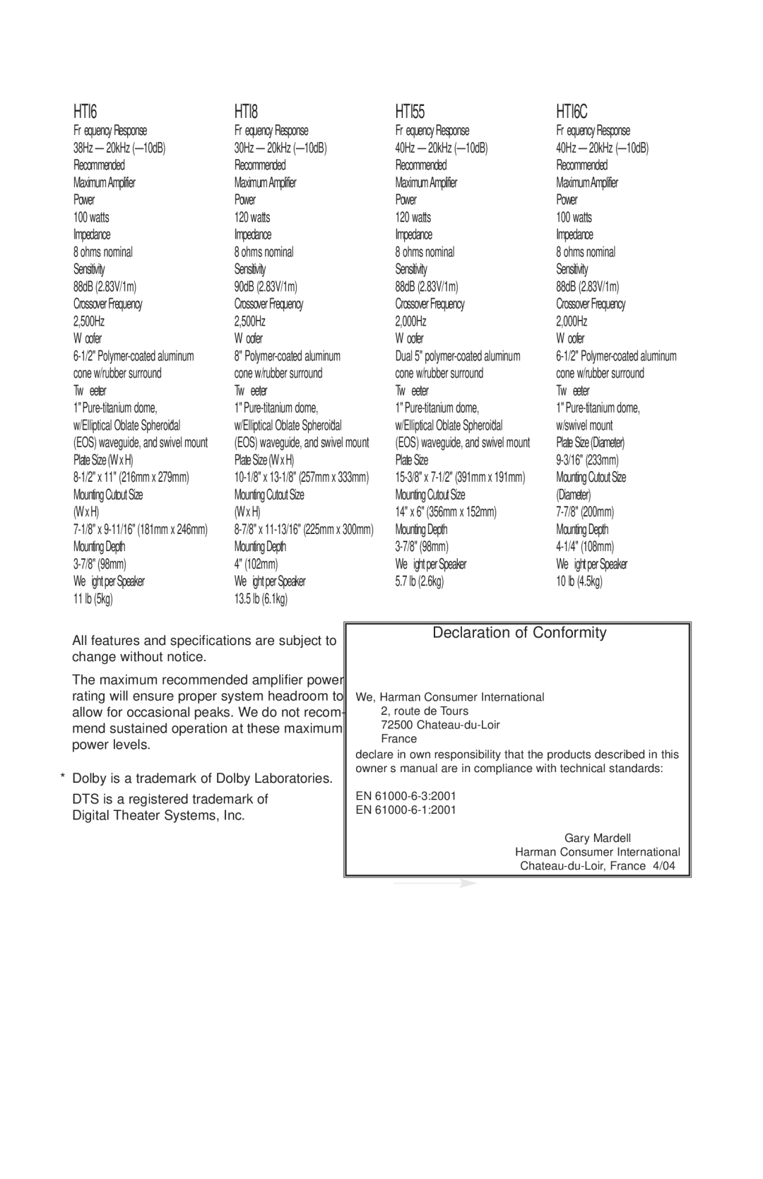 JBL manual Specifications, HTI6 HTI8 HTI55 HTI6C 