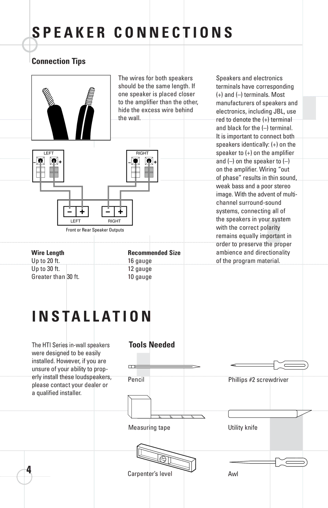 JBL HTI8, HTI6C manual E a K E R C O N N E C T I O N S, Installation, Connection Tips, Tools Needed, Wire Length 