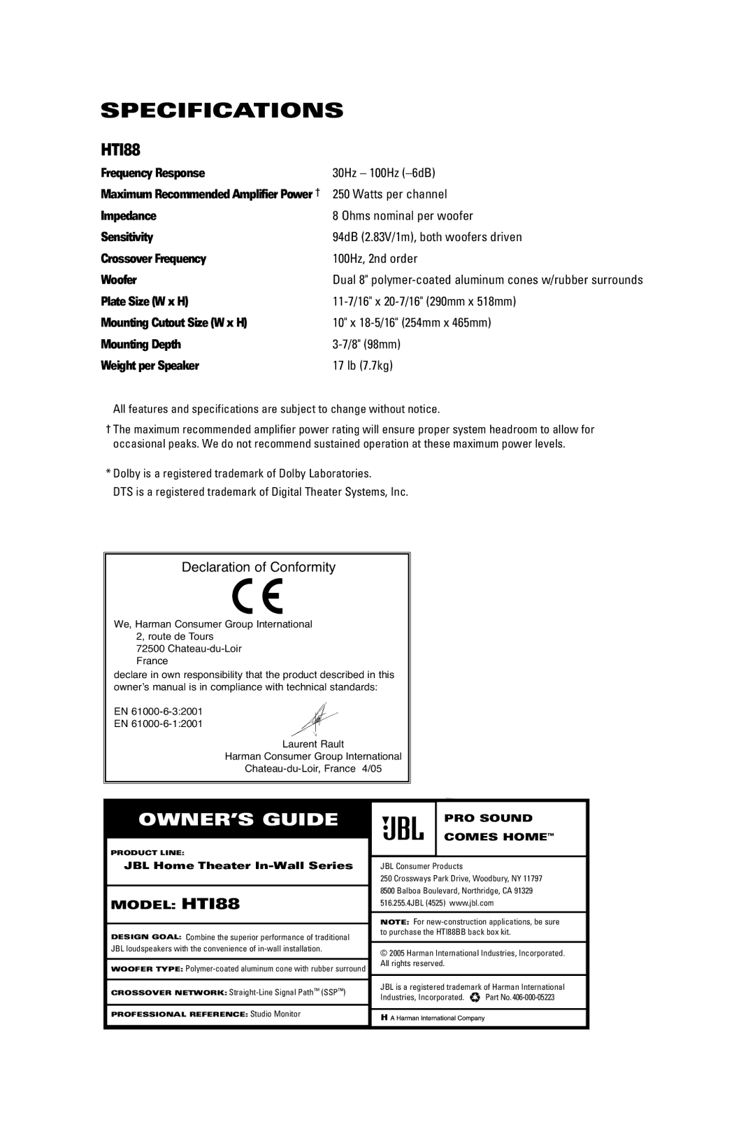 JBL HTI88 manual Specifications 