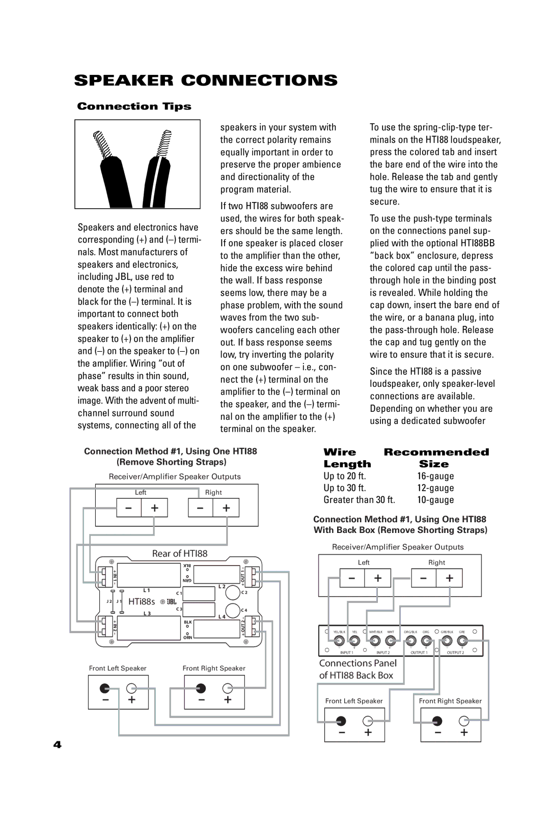 JBL HTI88 manual Speaker Connections, Connection Tips, Wire Recommended Length Size 