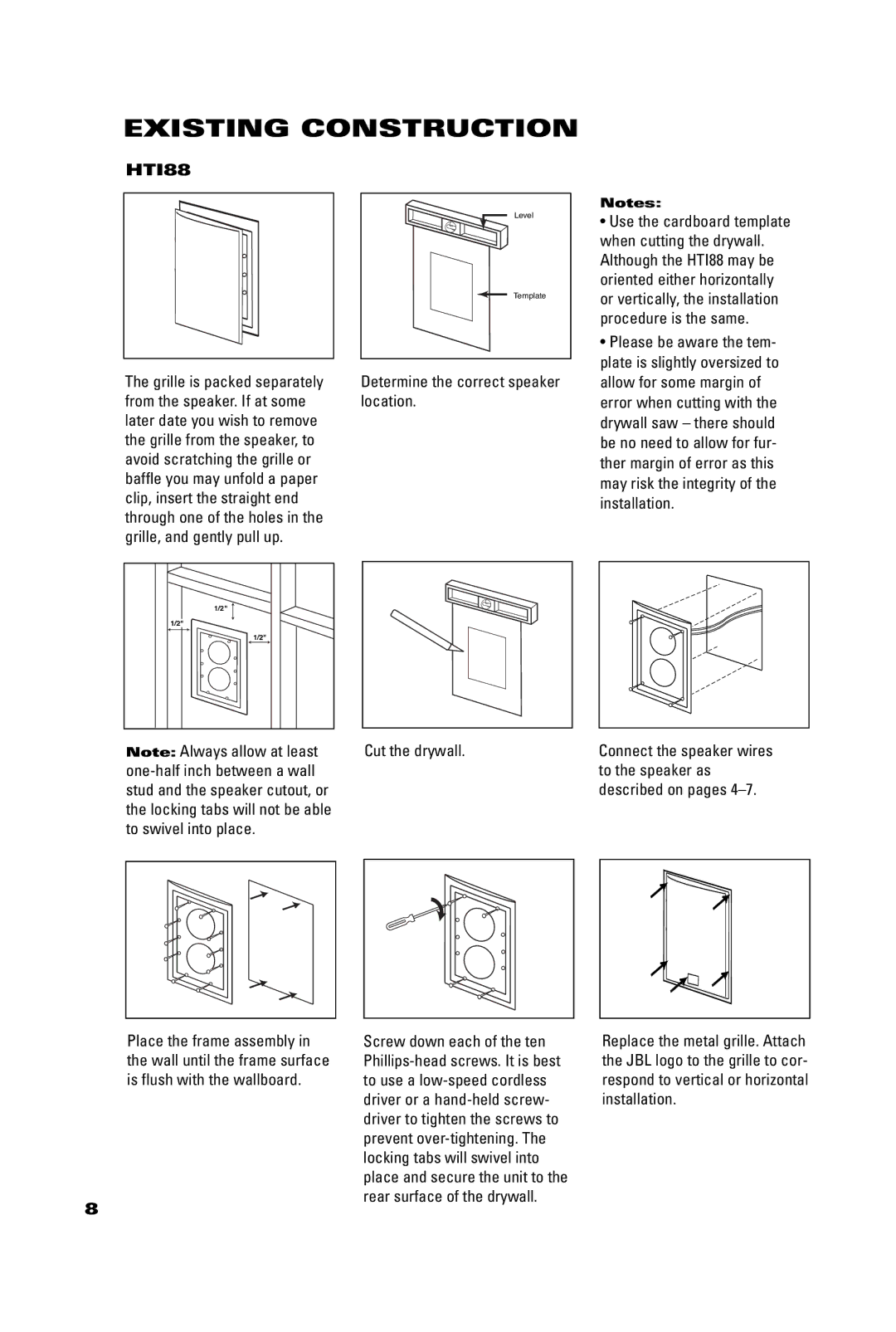 JBL HTI88 manual Existing Construction 