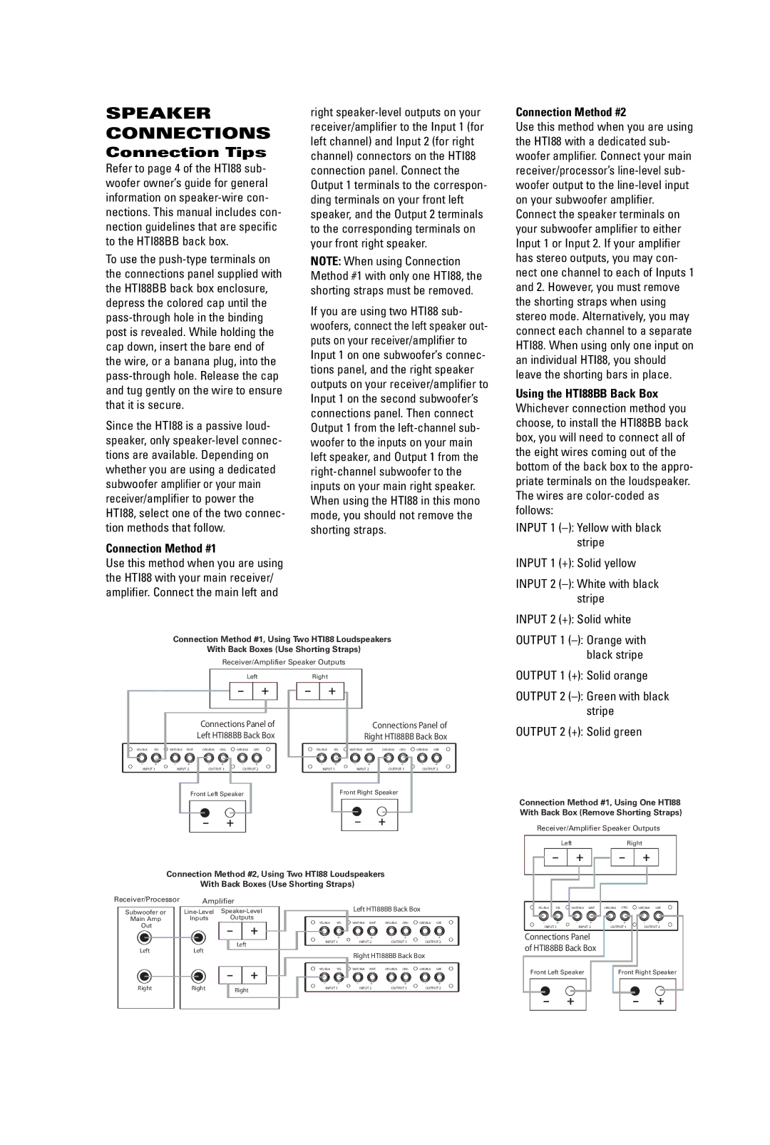 JBL HTI88BB manual Speaker Connections, Connection Method #1, Connection Method #2 